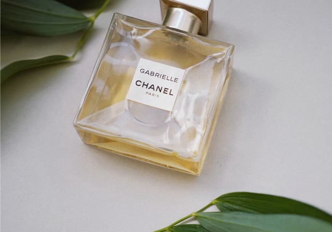 Mobile version - picture of Chanel Gabrielle on a neutral background with leaves on it